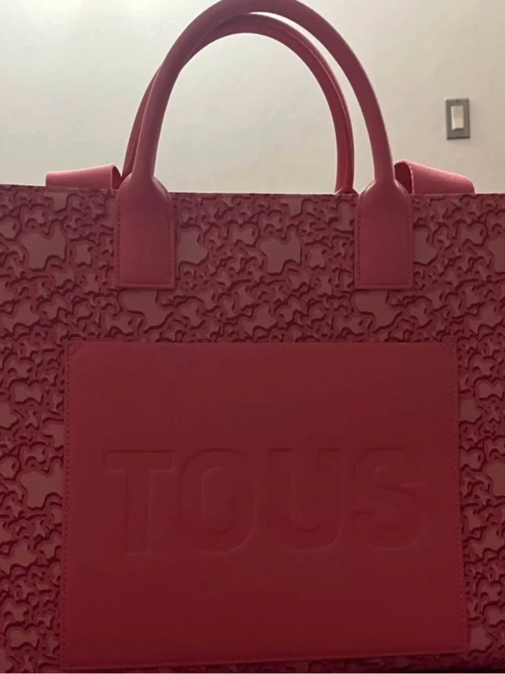 TOUS Red Embossed Logo Tote with Textured Bear Pattern